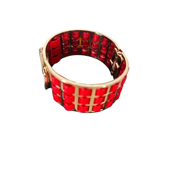 Vintage, MICHAEL KORS, Logo Clamper Bracelet, Red Leatherette, Gold Tone - Picture 4 of 7